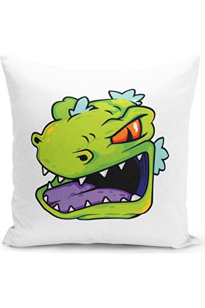 Generic Dinosaur Reptar Rugrats Themed Throw Pillow White/Purple/Green 16x16inch