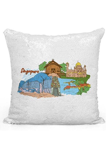 Generic Singapore Themed Sequin Decorative Throw Pillow White/Silver/Blue 40x...