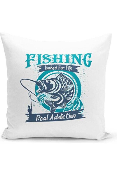 Generic Fishing Addiction Design Decorative Pillow White/Blue