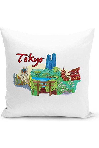 Generic Tokyo Themed Decorative Throw Pillow White/Blue/Red 40x40cm
