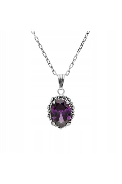 NO BRAND Pandantiv oval din zirconiu violet, argint oxidat