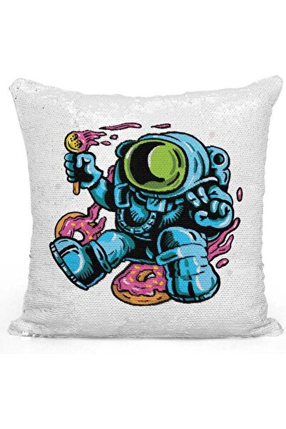 Generic Funny Astronaut Themed Sequin Decorative Throw Pillow White/Blue/Silv...