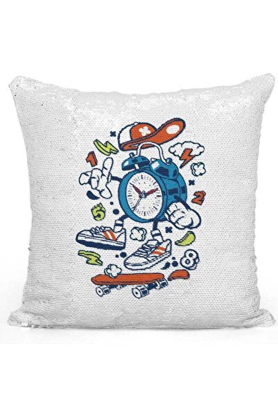 Generic Alarm Clock Printed Sequin Decorative Throw Pillow White/Blue/Silver ...