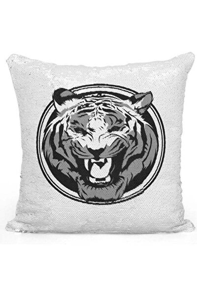 Generic Tiger Print Themed Sequin Decorative Throw Pillow White/Silver/Grey 4...