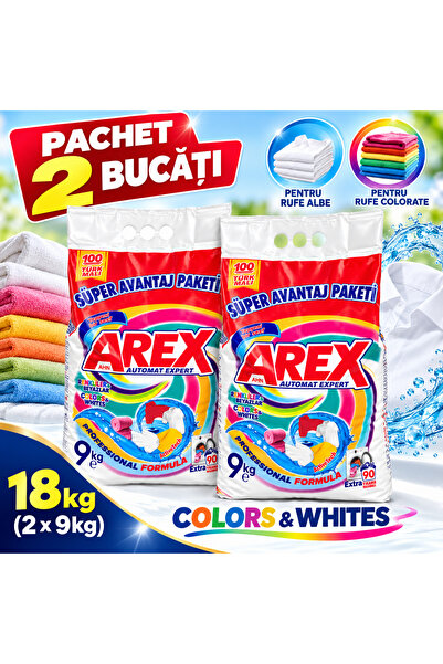 AREX Detergent Pudră Rufe, Pachet 2 x 9 kg, 18 kg, 180 Spălări, pentru Rufe A...