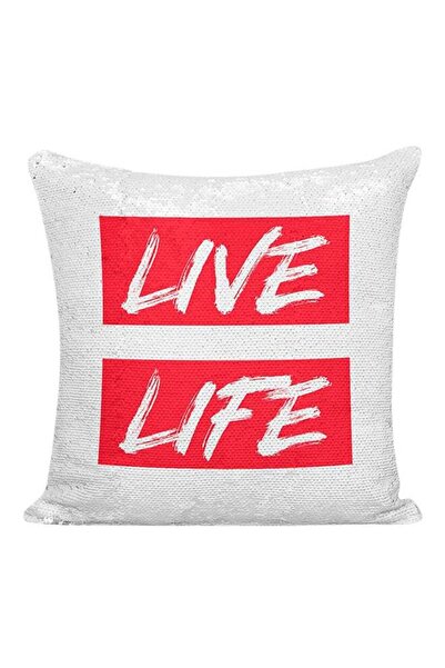 Generic Live Life Sequined Pillow White/Red/Silver 16x16inch
