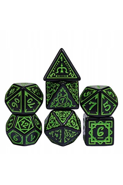 NO BRAND Set de 7 zaruri verzi decorate, negre, D4-20 K20 RPG D&D MTG Baldur'...