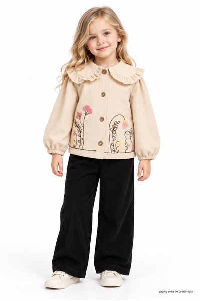 FESSHERA Girl's Top and Bottom Set with Rabbit Embroidery and Ruffle Detail on the Collar