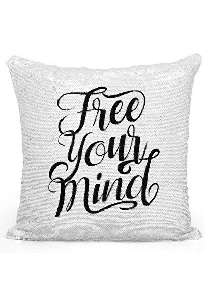 Generic Free Your Mind Quote Themed Sequin Decorative Throw Pillow White/Silv...