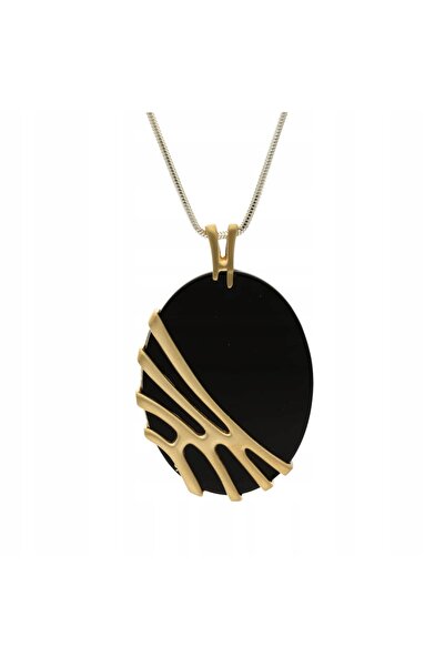 NO BRAND Wisior cu onix oval, argint placat cu aur