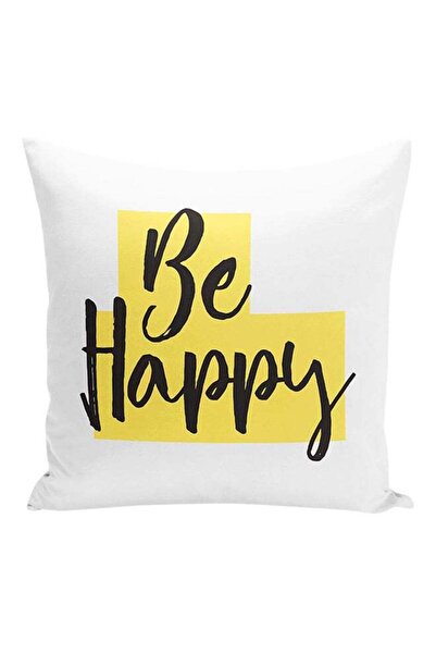 Generic Be Happy Cheerful Decorative Pillow White/Yellow/Black 16x16inch