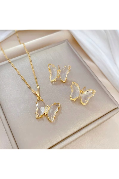 NO BRAND Set elegant colier și cercei fluture, culoare aurie, cu zirconiu, pl...