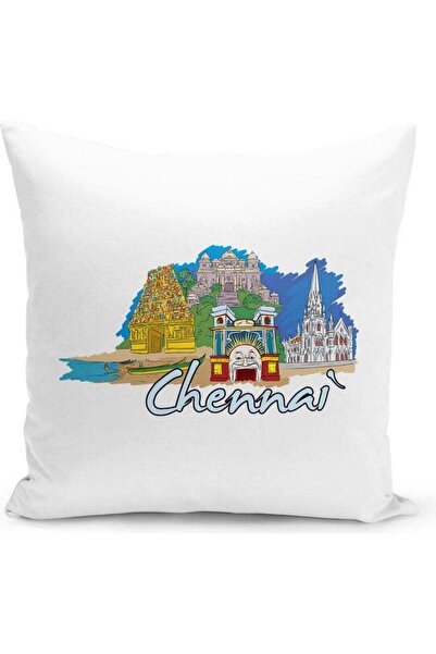 Generic Chennai Themed Decorative Throw Pillow White/Blue/Yellow 40x40cm