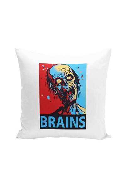 Generic Brains Zombie Hope Poster Printed Throw Pillow White/Red/Blue 16x16inch