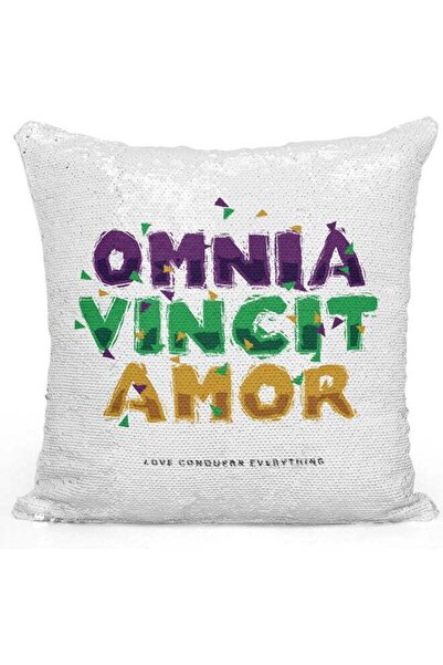 Generic Omnia Vincit Amor Themed Sequin Decorative Throw Pillow White/Green/S...