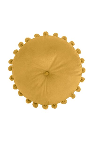 OEM Pernă Decorativa Rotunda Velvet Galben Mustar cu Nasture și Pompon pentru...