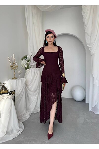 conconmoda Kadın Dantel Kare Yaka İspanyol Kol Volanlı Asimetrik Kesim Abiye Elbise-01061