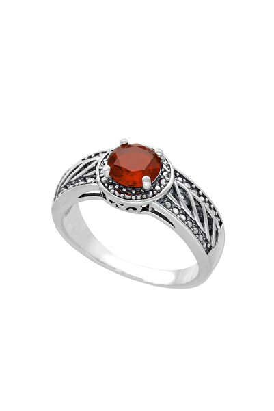 NO BRAND Inel rotund cu oxid de zirconiu bordo, oxidat argintiu, dimensiunea 14.