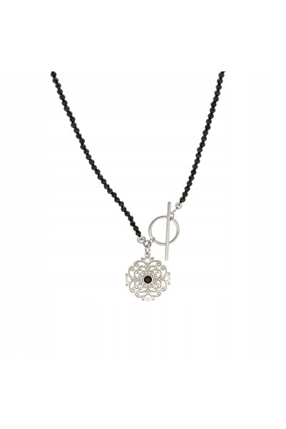 NO BRAND Colier cu spinel negru din argint placat cu rodiu