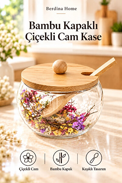 Berdina Home 4’lü Çiçekli Cam Sunum Seti Kulplu Bardak ve Bambu Kapaklı Kaşıklı Kase Kahve Seti 350 ml ve 200 ml