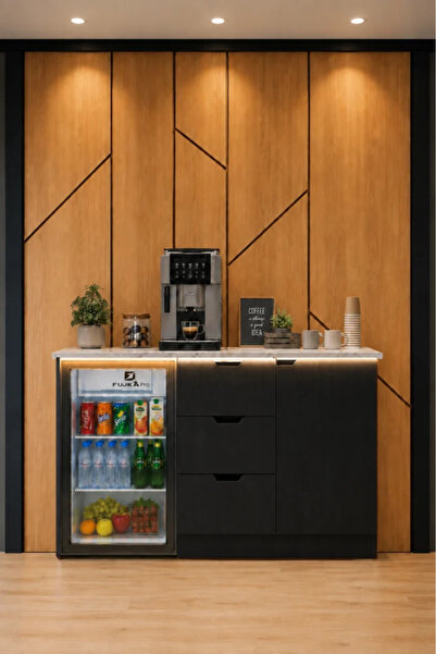 coffee world ركن قهوة بمساحة ثلاجة مع إضاءة مخفية بسطح أبيض مُرخَّم