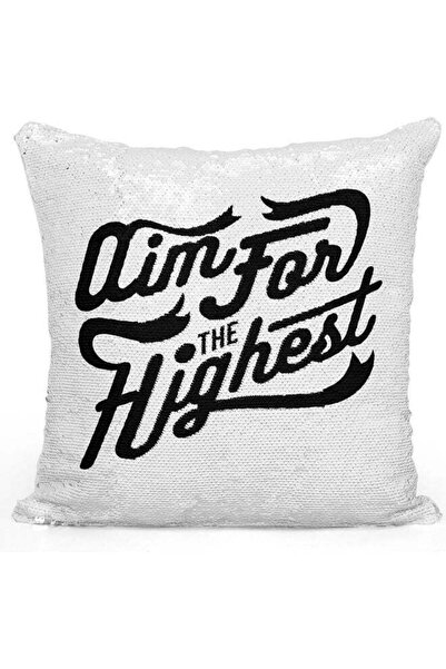 Generic Aim High Quote Themed Sequin Decorative Throw Pillow White/Silver/Bla...