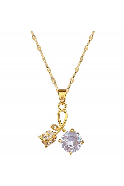 NO BRAND Colier trandafir auriu, cu zirconiu cubic, pandantiv floare de trand...