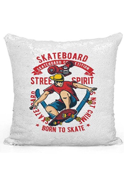 Generic Skateboard Fun Themed Sequin Decorative Throw Pillow White/Red/Silver...