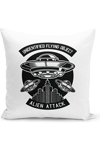 Generic Alien Attack Themed Decorative Throw Pillow White/Black 40x40cm
