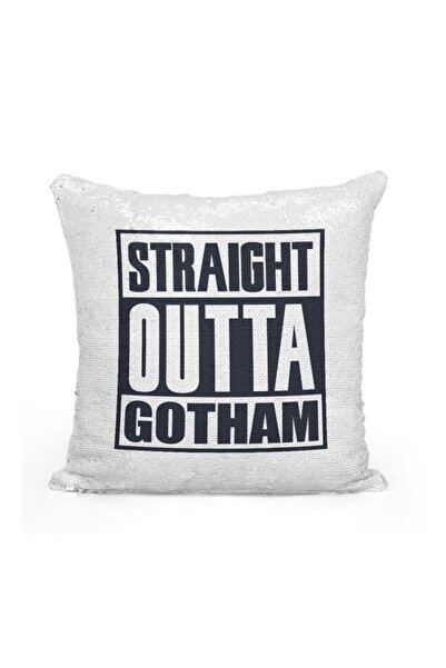 Generic Straight Outta Gotham Sequined Throw Pillow Silver/Black/White 16x16inch