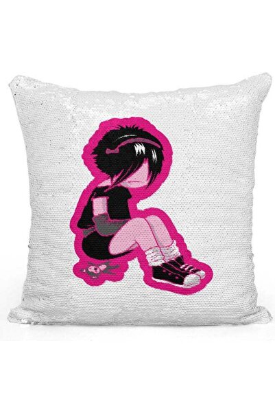 Generic Sad Emo Girl Themed Sequin Decorative Throw Pillow White/Pink/Silver ...