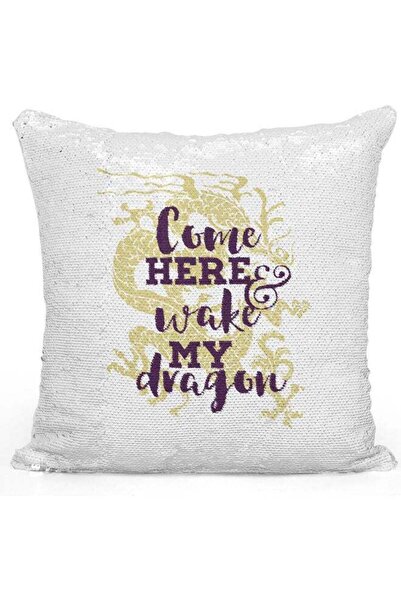 Generic Wake My Dragon Quote Sequin Decorative Throw Pillow White/Purple/Silv...