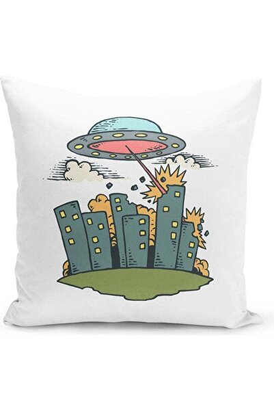 Generic Alien Attack Themed Decorative Throw Pillow White/Grey/Pink 40x40cm