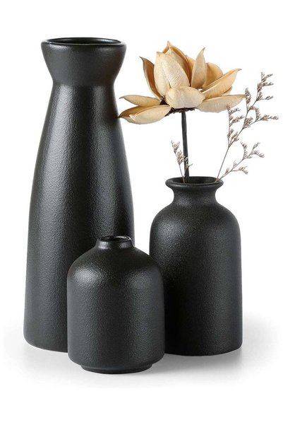 Generic Set of 3 Mix Shape Ceramic Vases - Black | with vase filler stones | ...