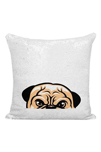Generic Pug Furry Friend Sequined Decorative Pillow Silver/White/Brown 16x16inch