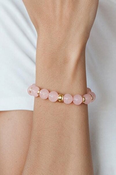 NBS Beautiful Naturel Stones Pink Quartz Natural Stone Bracelet with Gold Color Detail, High Quality, 8 mm