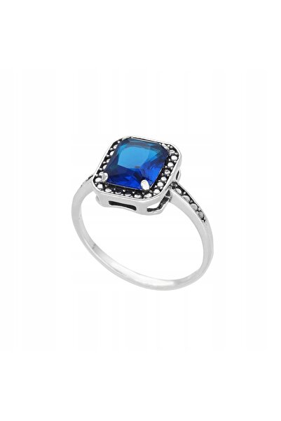 NO BRAND Inel dreptunghiular cu zirconiu safir, argint oxidat, dim. 12