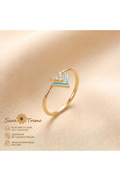 SaraTremo Inel V turcoaz – model fin cu zirconiu, placat cu aur de 14K