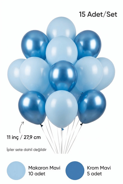 Makaron Mavi Krom Mavi Balon Seti 15 Adet Doğum Günü Baby Shower Parti Süsleme