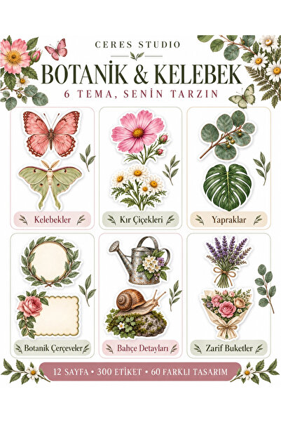 Ceres Studio Botanik ve Kelebek Çiçek Temalı Sticker Seti - Defter, Ajanda ve Hediye Süsleme Etiketleri