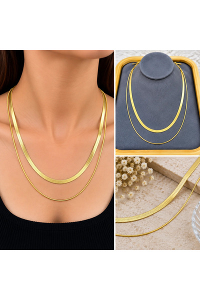 FM 💎   Premium Shiny and Stylish Gold Color Double Flat Chain Women's 316L S...