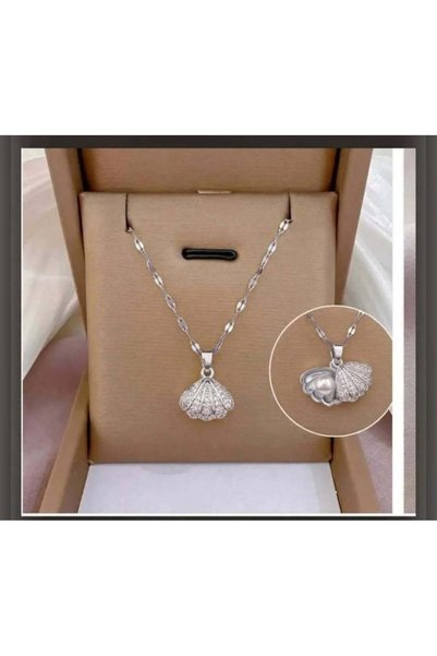 Stainless Steel Pearl Detail Oyster Women's Necklace 40+5 cm