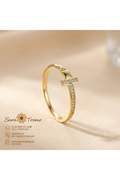 SaraTremo Letter T Ring – fine model with zirconia, 14K gold plated - size 9