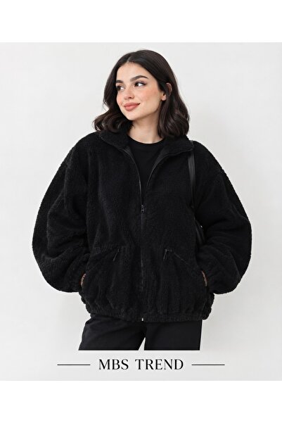 MODA Winter Women's Black Plush Coat with Zipper Pockets / Oversized Soft Tex...
