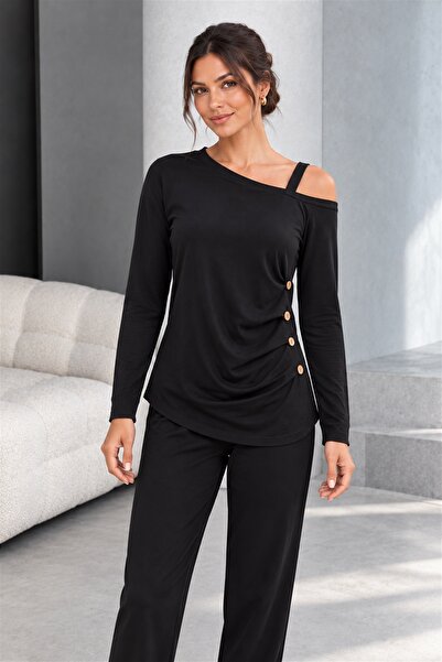 moda wanilia Γυναικεία μπλούζα ασύμμετρη από βισκόζη με μακρύ μανίκι, λεπτομέ...
