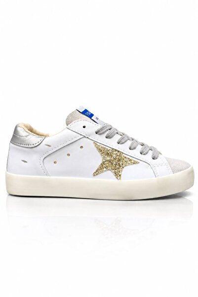 SOLERO Gold Stil Kadın Eskitmeli, Yıldız Tasarımlı ve Işıltılı Şık Trend Sneaker