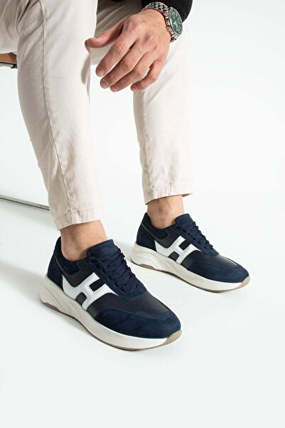 Lacivert Beyaz Hakiki Deri El Yapımı Sneakers C-06LCB-43