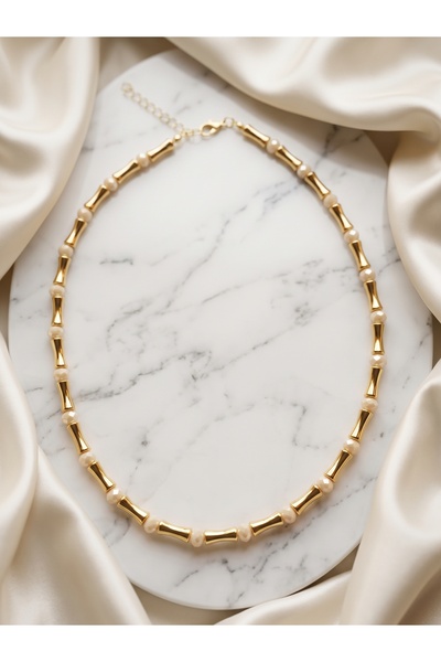 La sauvagine Women's Gold Tube Detailed Cream Champagne Crystal Beaded Necklace