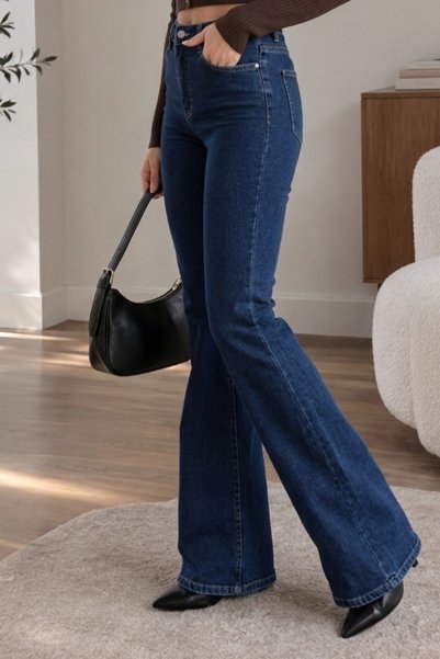 WODDİ Elvora Spanish Trotters Navy Blue Women's High Waist Casual Jean Trousers