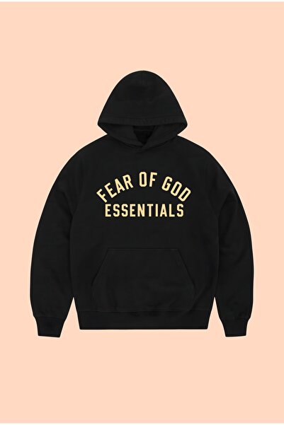 PURE POWER Fear of God Gold Printed Unisex Oversize Black Cotton Hooded Print...
